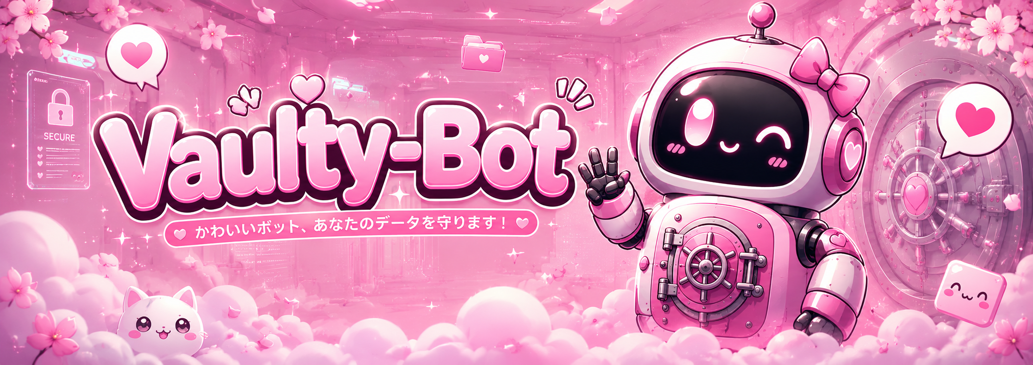 Bannière Vaulty-Bot : un petit robot coffre-fort rose qui fait signe